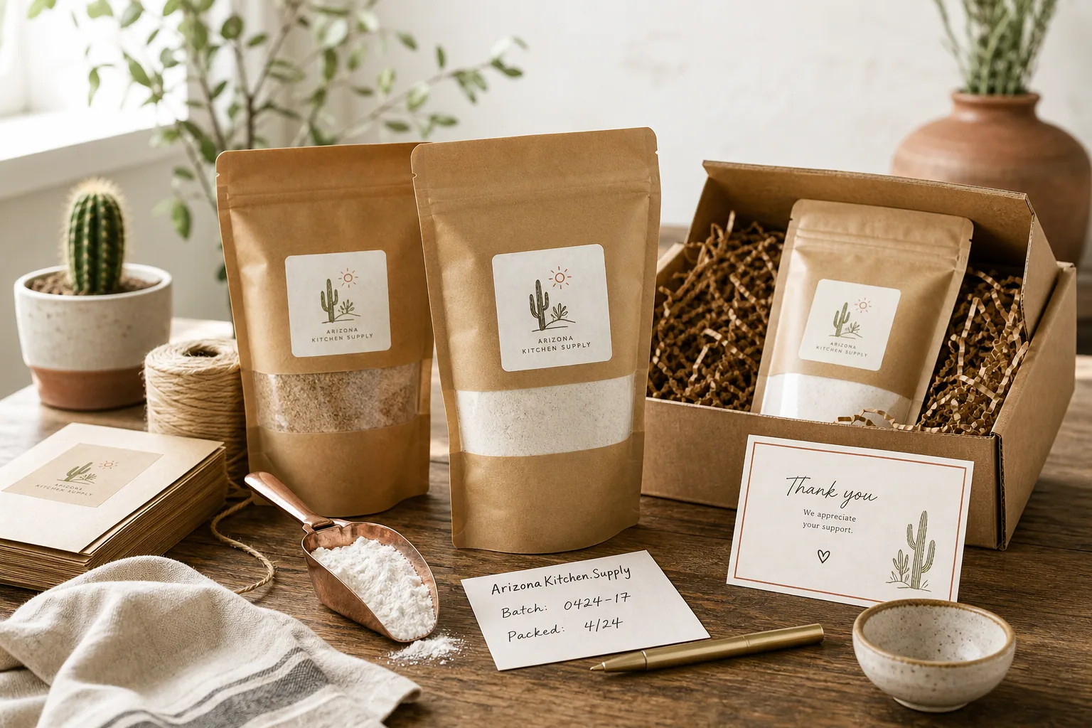 Small-business pantry packing scene with kraft pouches