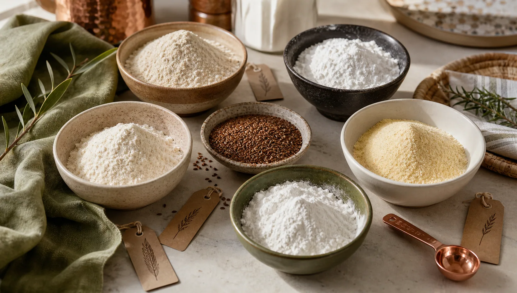 Bowls of specialty flours, starches, and flaxseed