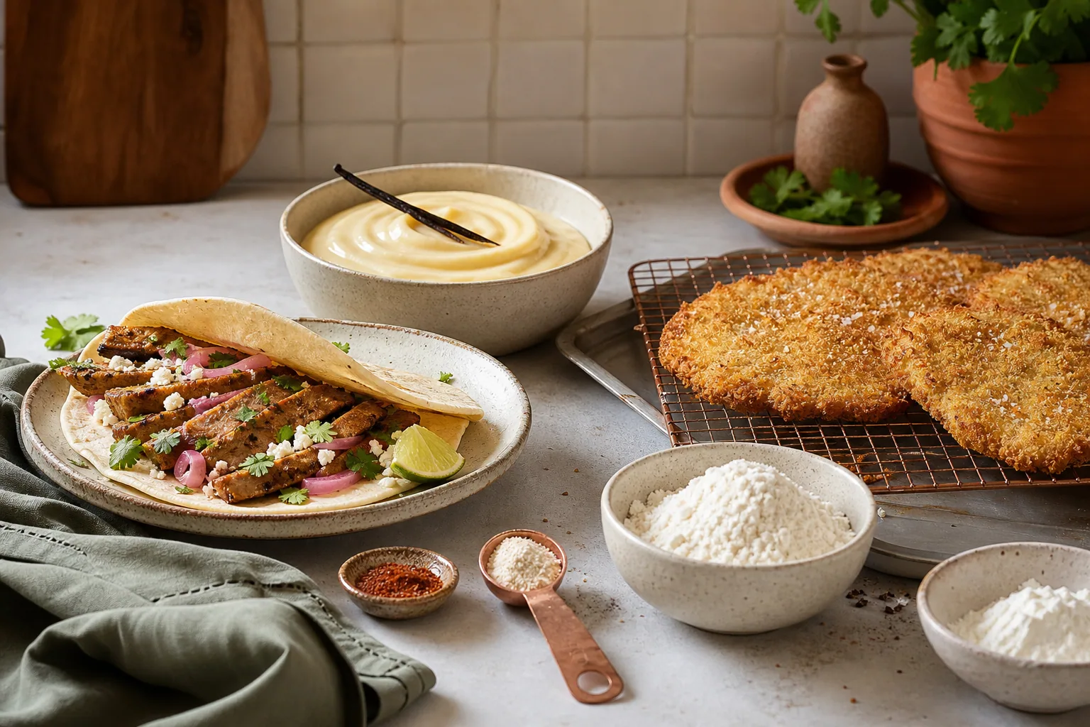 Recipe moments with seitan tacos, pudding, and crisp cutlets