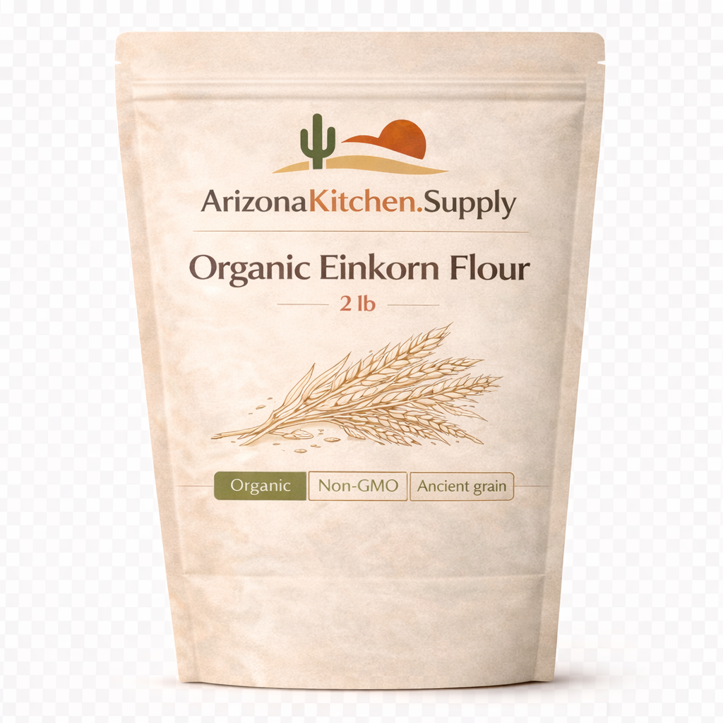 Organic Unfine Einkorn Flour – 2 lb – Product of the USA - High Protein, Non‑GMO Ancient Grain Flour for Artisanal Baking & Healthy Cooking, By Arizona Kitchen Supply.